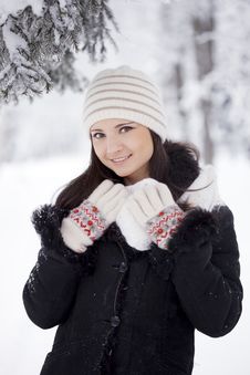 Beautiful Girl In Winter Forest Stock Image