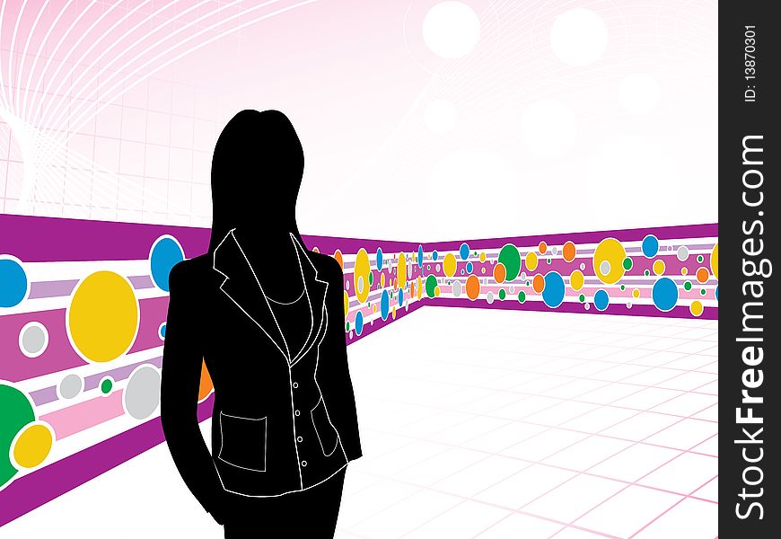 This image is a  illustration of businesswoman with abstract wave background.