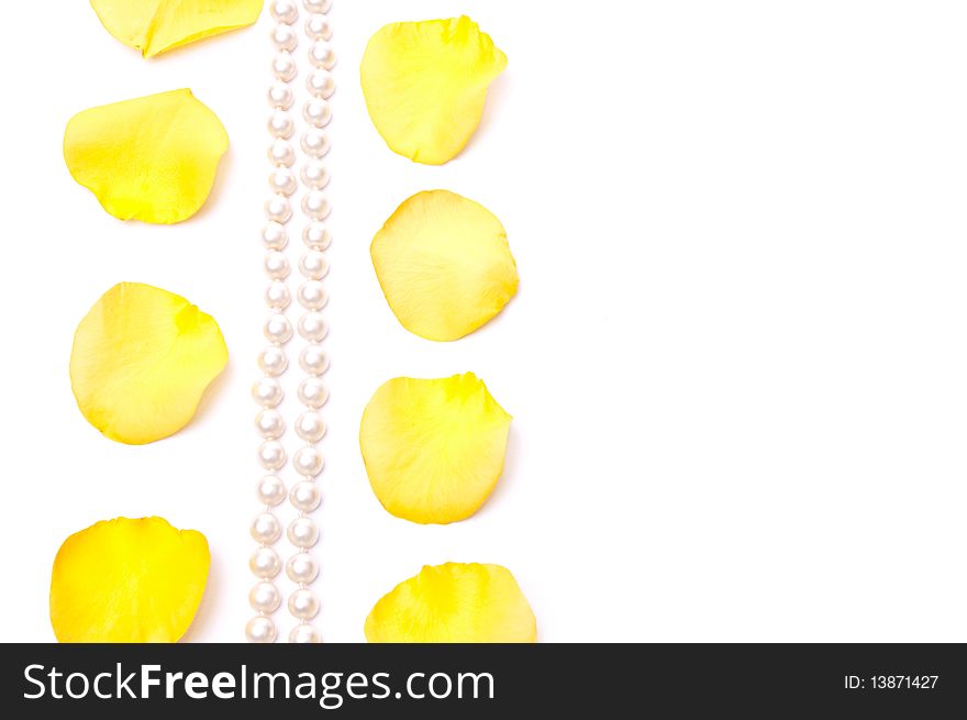 Yellow roses petals and white pearls isolated on white. Yellow roses petals and white pearls isolated on white