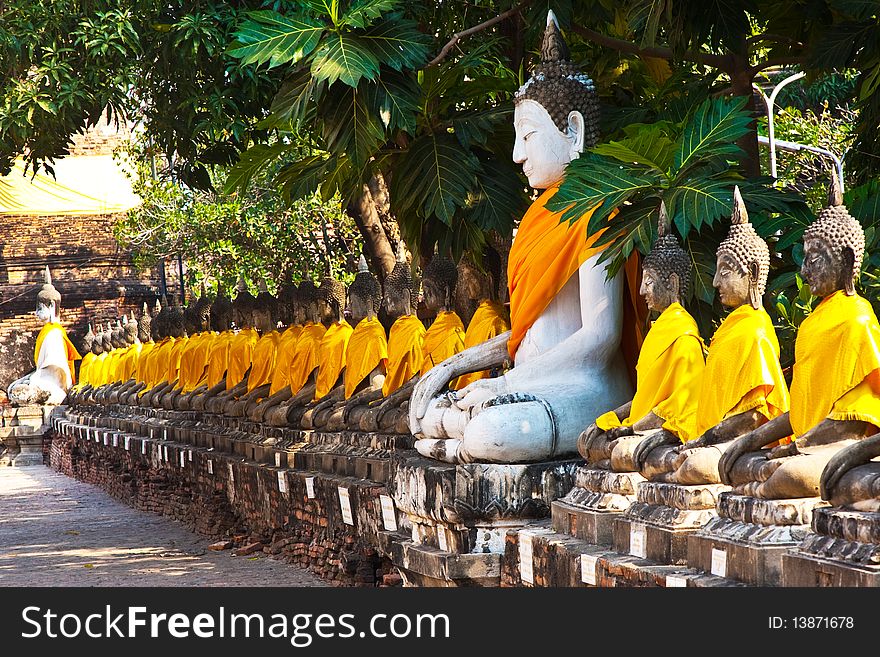 Buddha statues at the temple of Wat Yai Chai Mongkol in Ayutthaya near Bangkok, Thailand