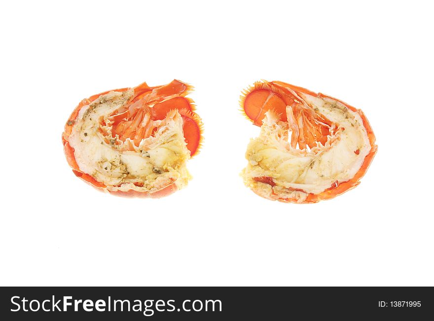 Two half lobster tails isolated on white