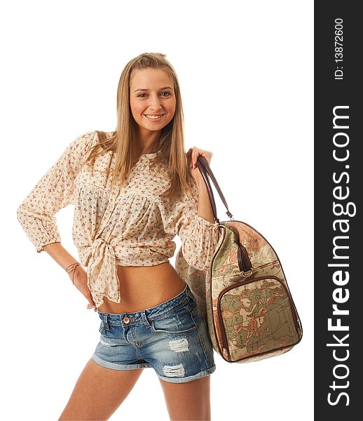 The Young Beautiful Girl With A Bag Isolated