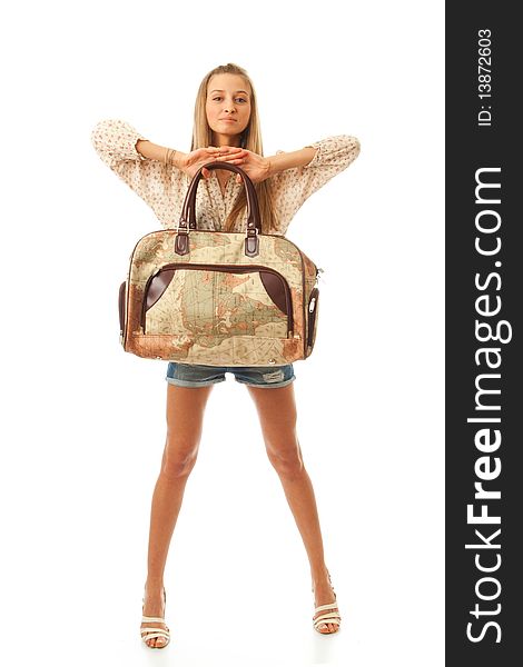 The young beautiful girl with a bag isolated on a white background