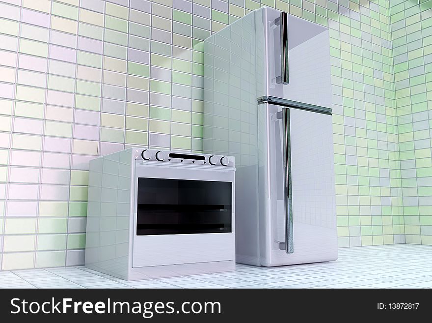 3d oven with refrigerator standing on tile floor