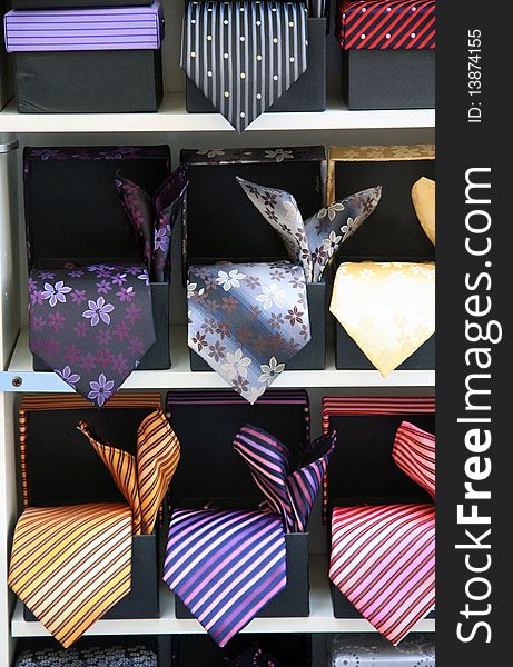 Close up view of some Ties in a showcase