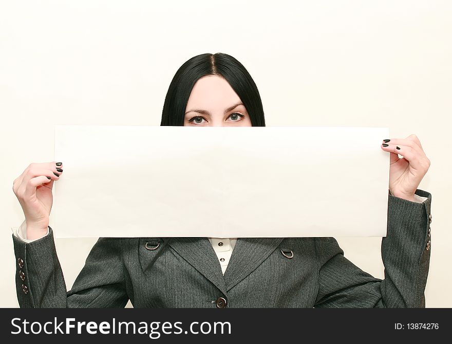 Young Woman Holding Empty White Billboard