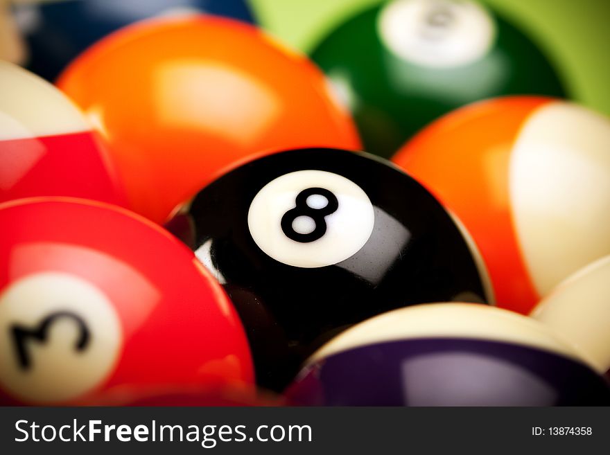 Billard balls shot in table in studio. Billard balls shot in table in studio