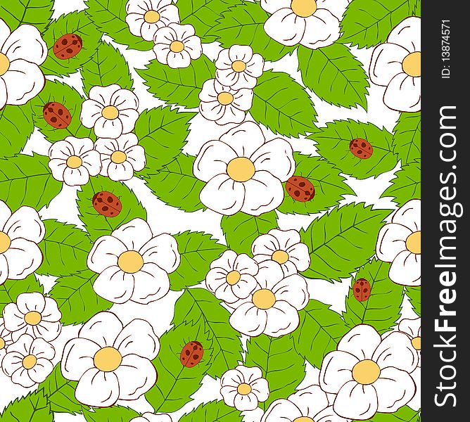 Pattern with flowers and ladybugs. Pattern with flowers and ladybugs