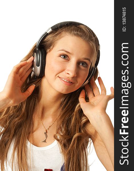 The Young Beautiful Girl With Headphones Isolated
