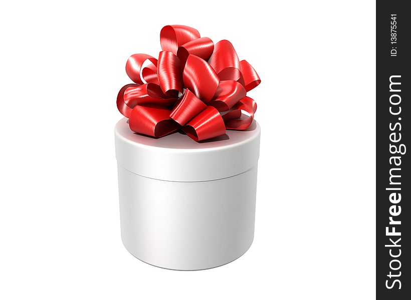 White cylindrical gift with the red ribbon isolated on white background