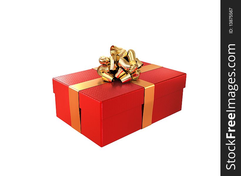 Red gift with the golden ribbon isolated on white background