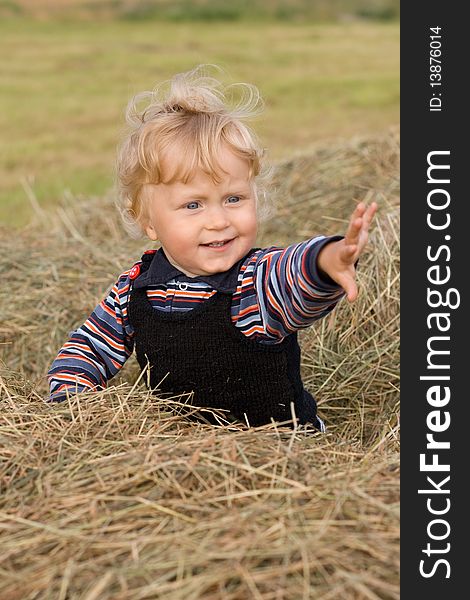 Little boy sitting on the hay. Little boy sitting on the hay