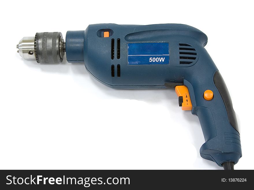 Blue electric drill isolated on white, worker equipment