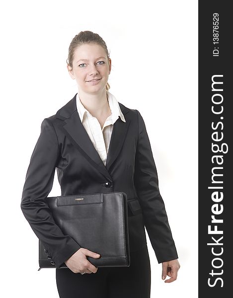 Business woman is holding a black book. Business woman is holding a black book