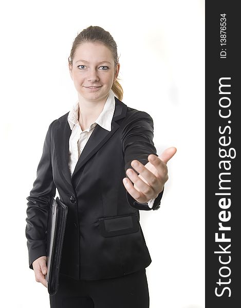Business woman is holding a black book. Business woman is holding a black book