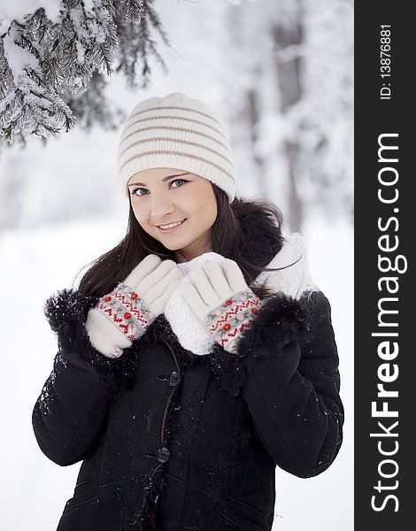 Beautiful Girl In Winter Forest