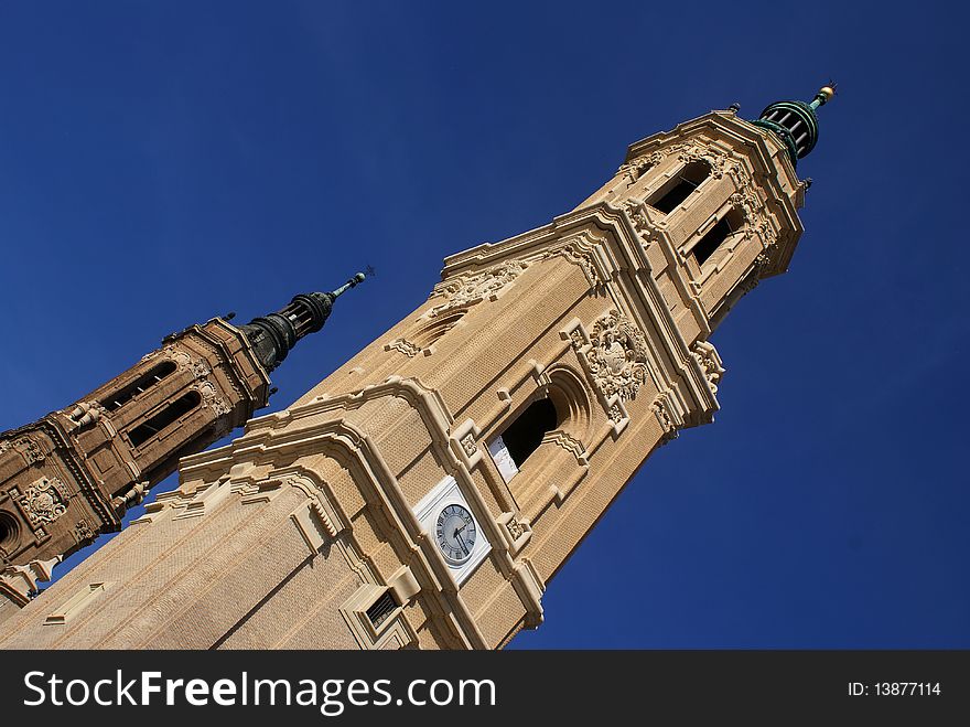 This photo shows part of the cathedral of El Pilar in Zaragoza, Spain, photo taken in April 2008