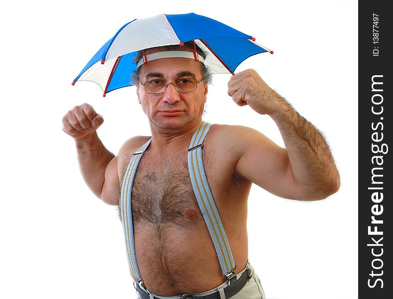 Portrait of the man with an umbrella on a head