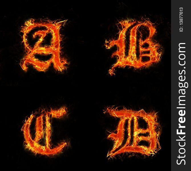 Old font, letters A-D in flames.