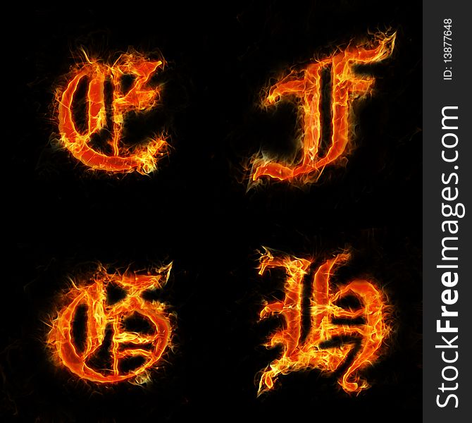Old font, letters E-H in flames.