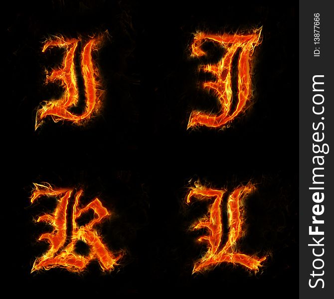 Old font, letters I-L in flames.