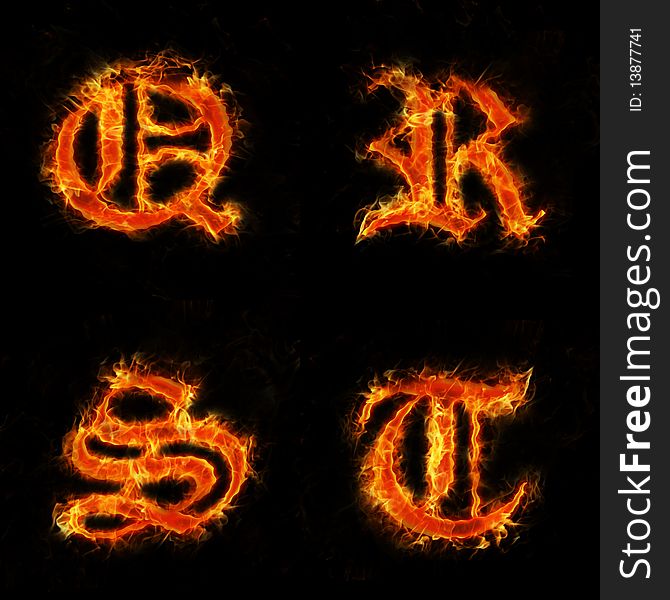 Old font, letters Q-T in flames.