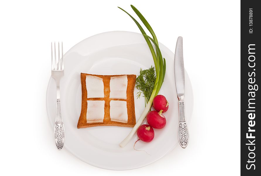 Light breakfast with toast and greens; four piece of bacon symbolize morning window and positive outlook; clipping path. Light breakfast with toast and greens; four piece of bacon symbolize morning window and positive outlook; clipping path