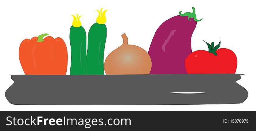 Illustration of five different vegetables suitable for baking in oven on a baking tray. Illustration of five different vegetables suitable for baking in oven on a baking tray.