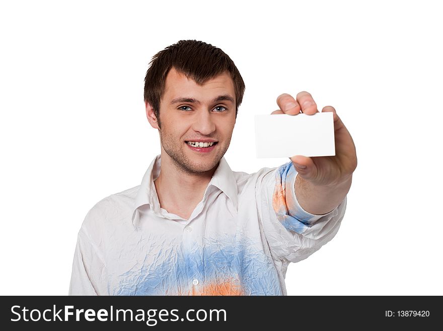 Young man showing a blank visiting card. Young man showing a blank visiting card