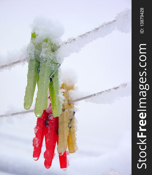 Forgotten clothespins in the winter