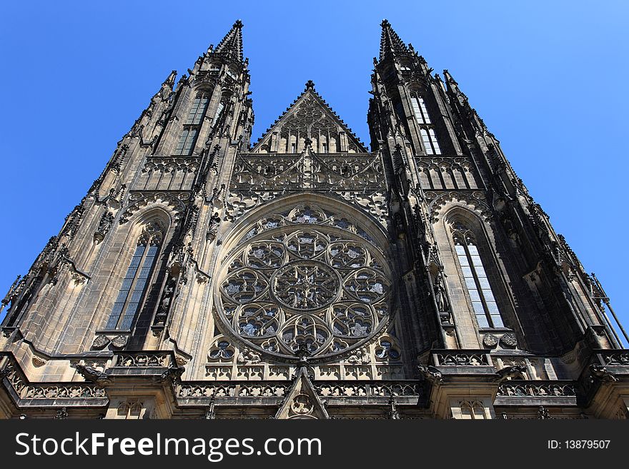 Part of Prague cathedral with cloudless sky