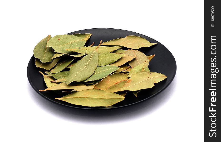 Bay leaves on a plate isolated on a white background