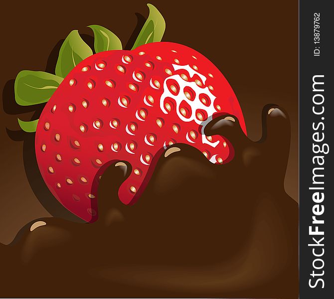 Illustration, red strawberry falls in fluid chocolate. Illustration, red strawberry falls in fluid chocolate