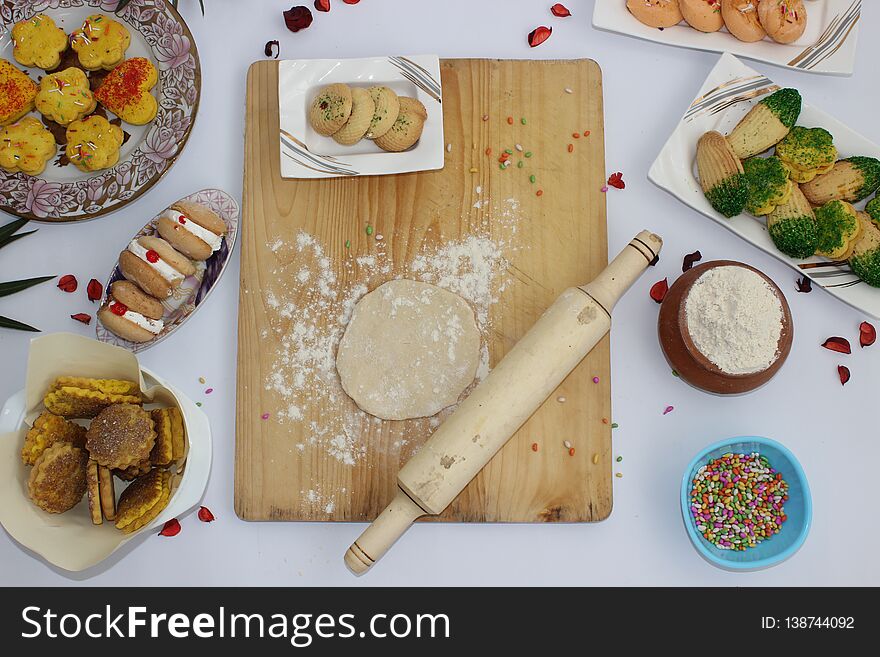 Fresh Tasty Cookies and sweets in white background
