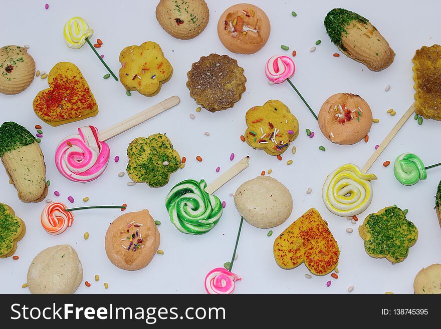 Fresh Tasty Cookies and sweets in white background