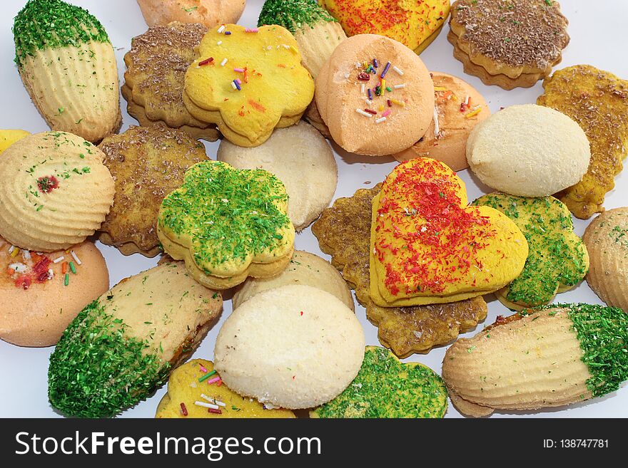 Fresh Tasty Cookies and sweets in white background