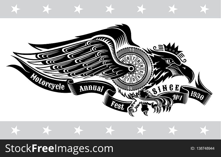 Eagle with motorbike wheel wings wings and ribbon. Vintage motorcycle design on white