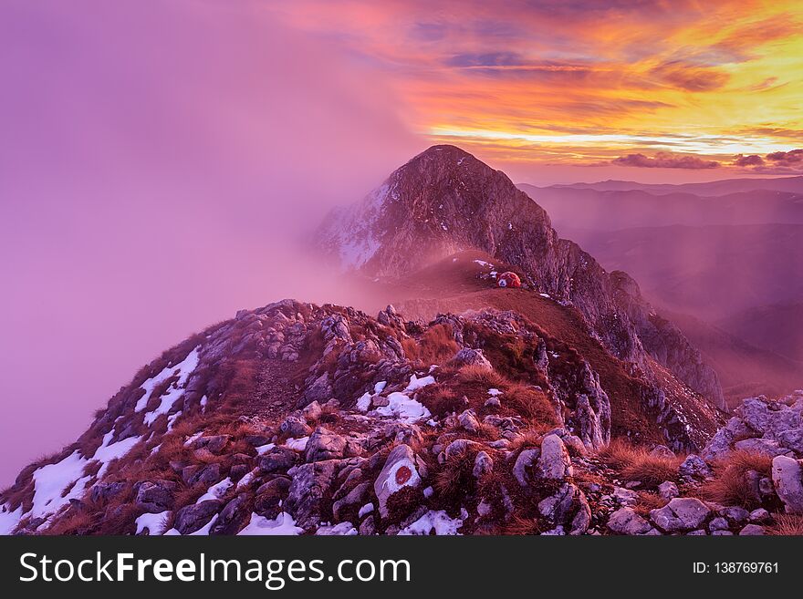 Mountain landscape in sunset. Piatra Craiului Mountains, Romania