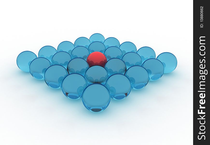Illustration of blue glass balls, with one red inside