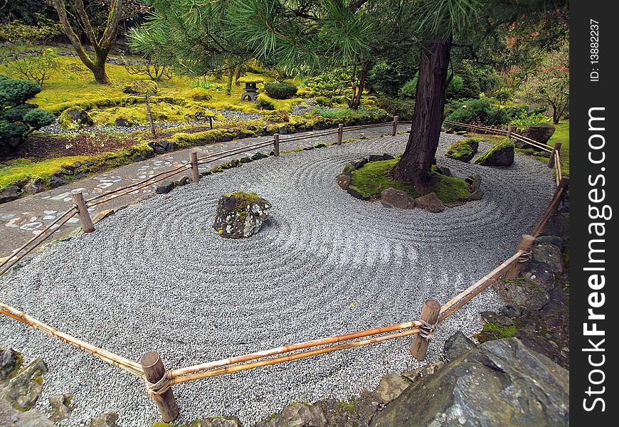 Arrangement of stones and gravel creates traditional Japanese stone garden