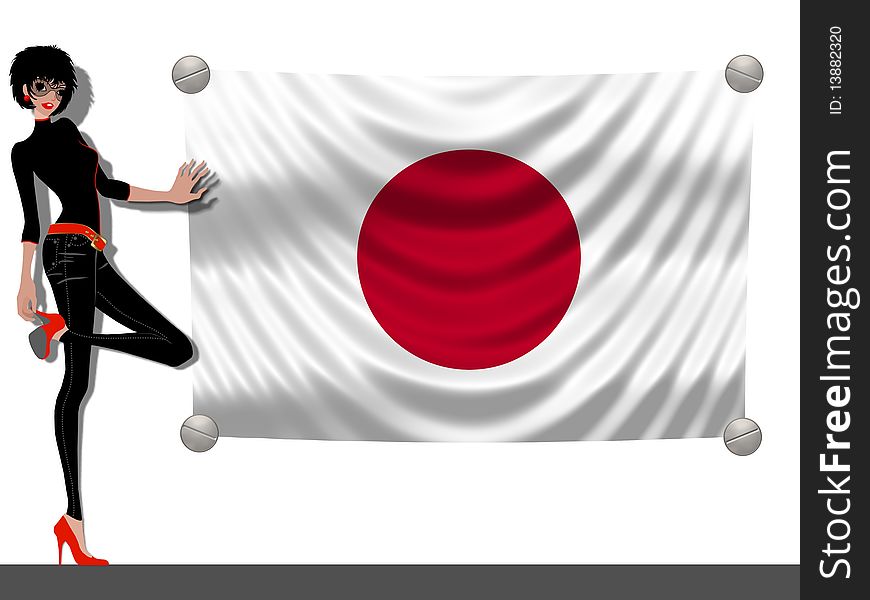 Illustration of a Girl with a Flag of Japan
