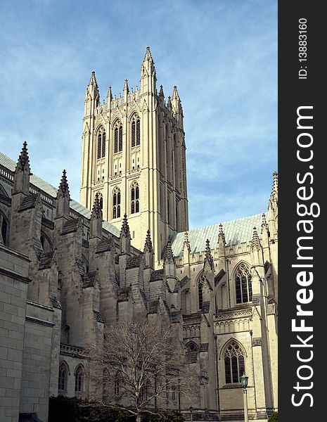 National Cathedral, Washington DC on warm spring day with blue sky. National Cathedral, Washington DC on warm spring day with blue sky