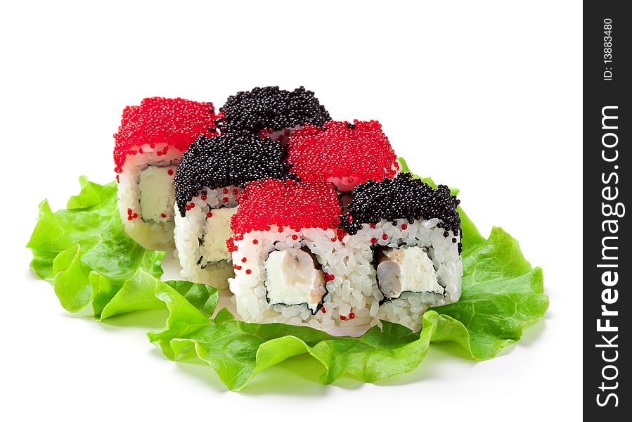 Chess Maki Sushi - Roll with Prawn and Feta Cheese inside. Topped with Black and Red Tobiko (flying fish roe). Chess Maki Sushi - Roll with Prawn and Feta Cheese inside. Topped with Black and Red Tobiko (flying fish roe)