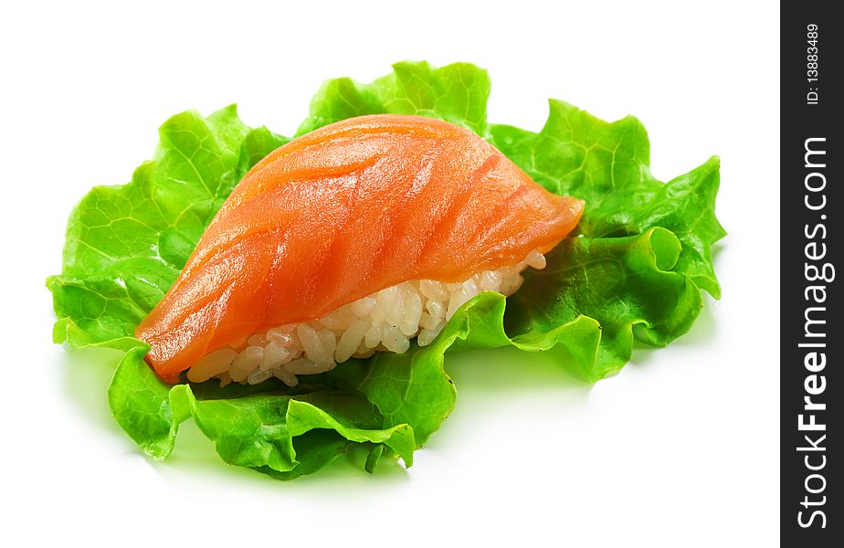 Japanese Cuisine -  Smoked Salmon (sake) Nigiri Sushi served on Salad Leaf. Japanese Cuisine -  Smoked Salmon (sake) Nigiri Sushi served on Salad Leaf