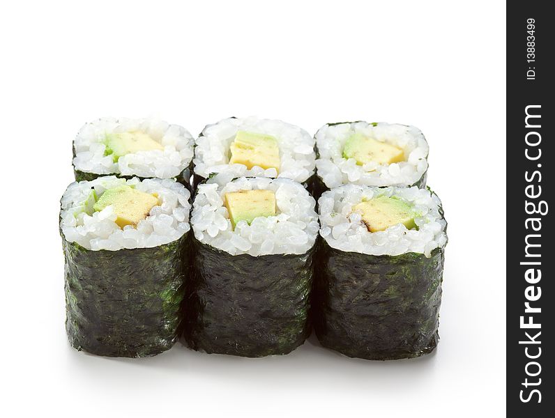 Avocado Sushi Roll. Isolated over White. Avocado Sushi Roll. Isolated over White