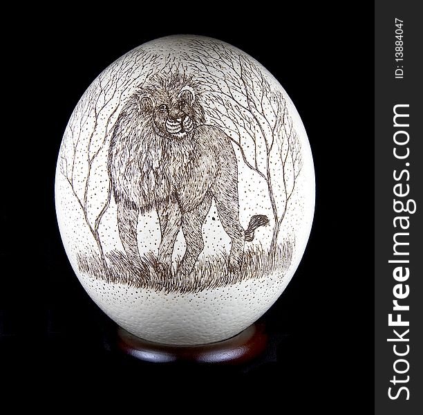 Ostrich Egg decorated with a Lion