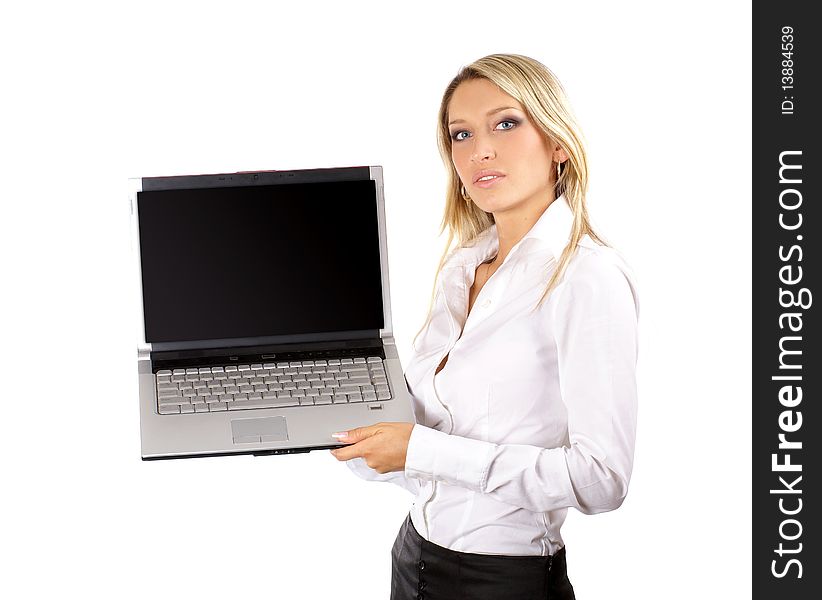 A young and attractive businesswoman standing with a laptop. Image isolated on a white background. A young and attractive businesswoman standing with a laptop. Image isolated on a white background.
