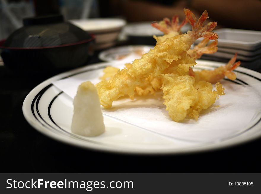 Japanese Food Ebi, deep fried shrimp in a plate