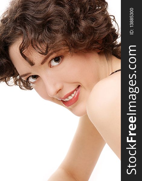 Portrait of young beautiful smiling woman in playful manner on white backgroun. Portrait of young beautiful smiling woman in playful manner on white backgroun