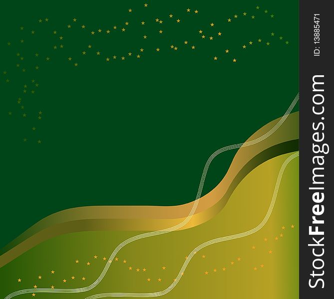 Abstract golden-green background with waves and stars. Abstract golden-green background with waves and stars